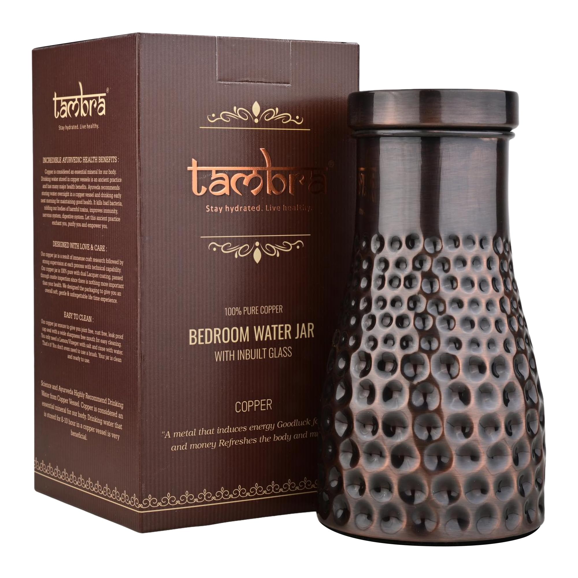 Tambra Copper Bedroom Jar with Inbuilt Glass | Rarity Mix Dotted Design | Handcrafted, Leakproof, Jointless | Ayurvedic Benefits, Antioxidant Properties | 1200 ml (Pack of 1)