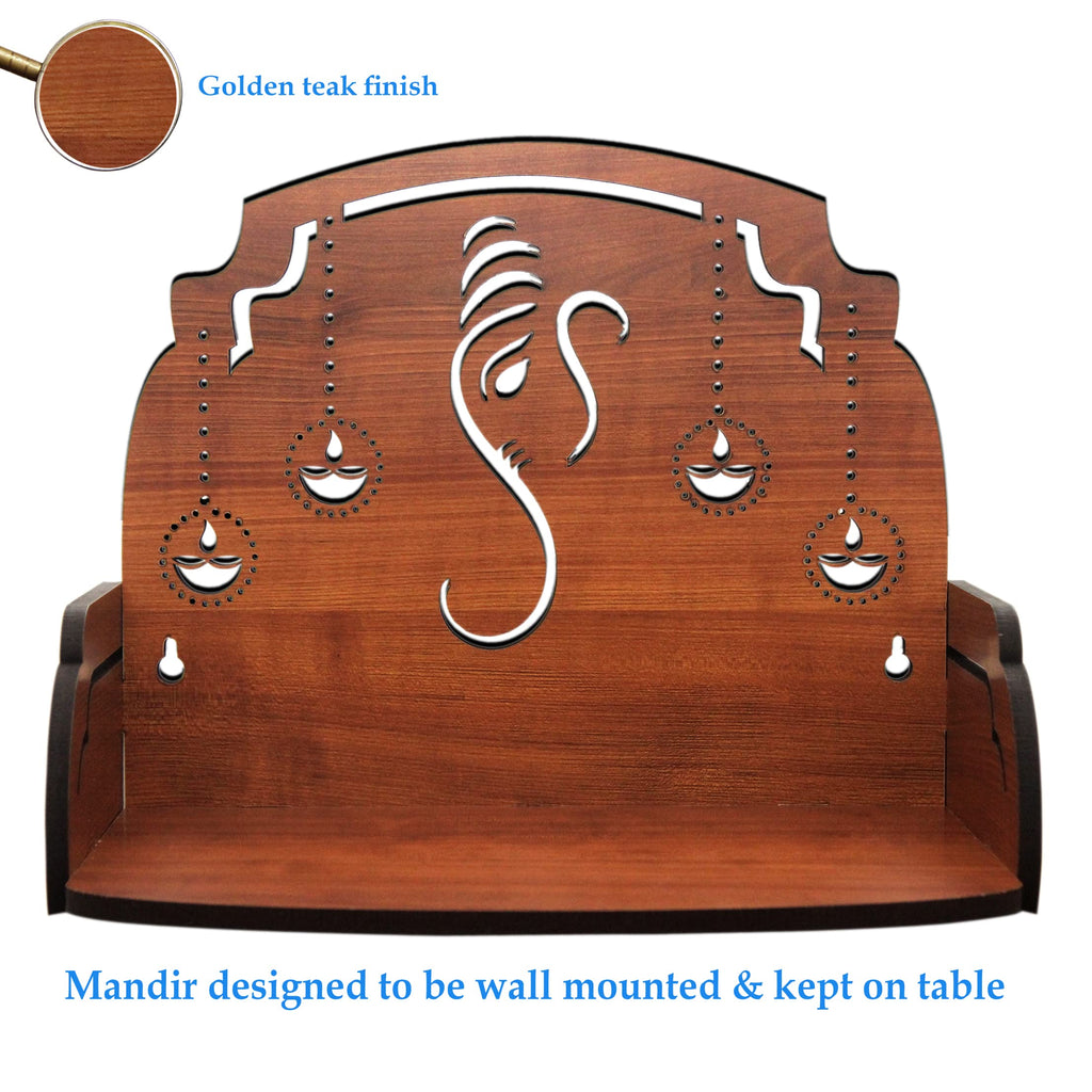 Heartily® Ganesh Diya Beautiful Wooden Pooja Stand Mandir for Home Temple for Office Puja Mandir for Home Wall Product (Height- 9.5, Length- 12, Width-8.5 Inch)