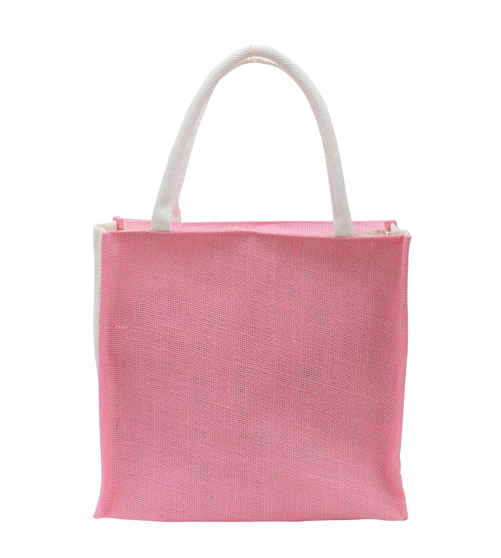 JUTEKA Multicolor Jute Bag for Shopping, Lunch, Tiffin, Grocery with Zip Closure and Padded Cotton Handles… (Pink)