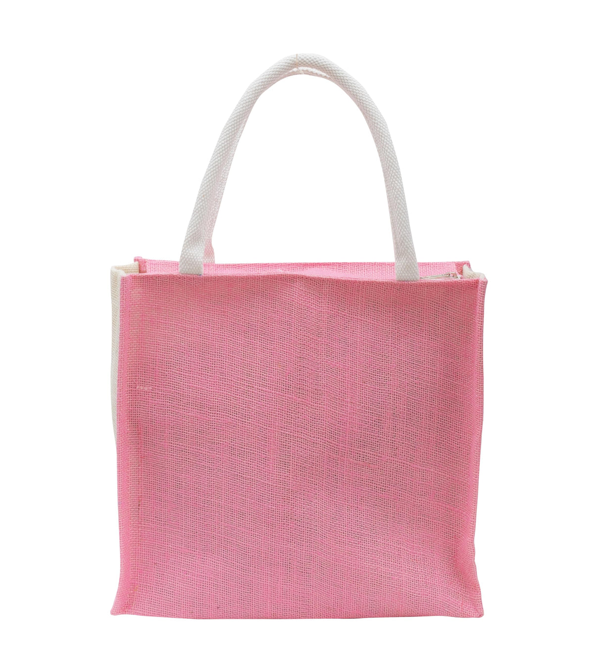 JUTEKA Multicolor Jute Bag for Shopping, Lunch, Tiffin, Grocery with Zip Closure and Padded Cotton Handles… (Pink)