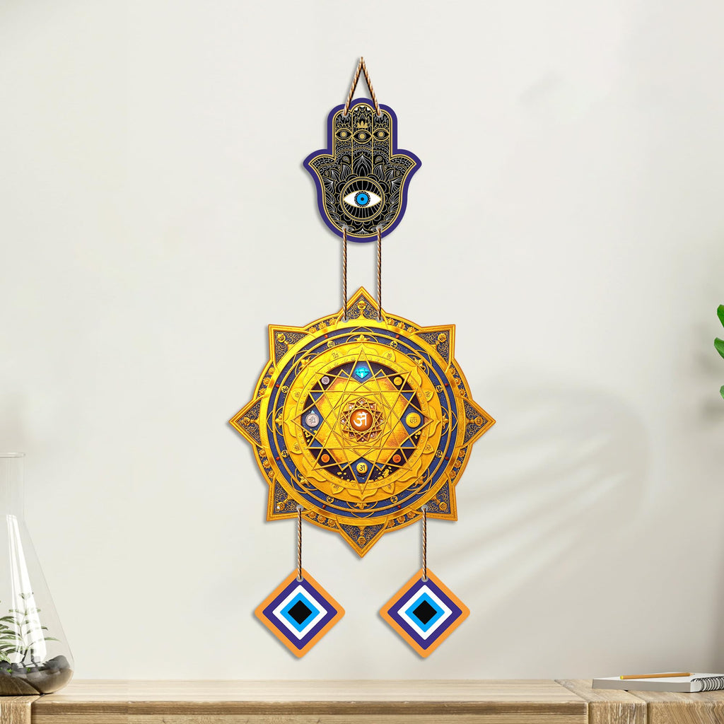 Artvibes Hamsa Hand with Sacred Yantra Evil Eye Wall Hanging | Protective Nazar Battu Decor for Main Door Entrance | Positive Energy Spiritual Accent for Home and Office (WH_85138N)