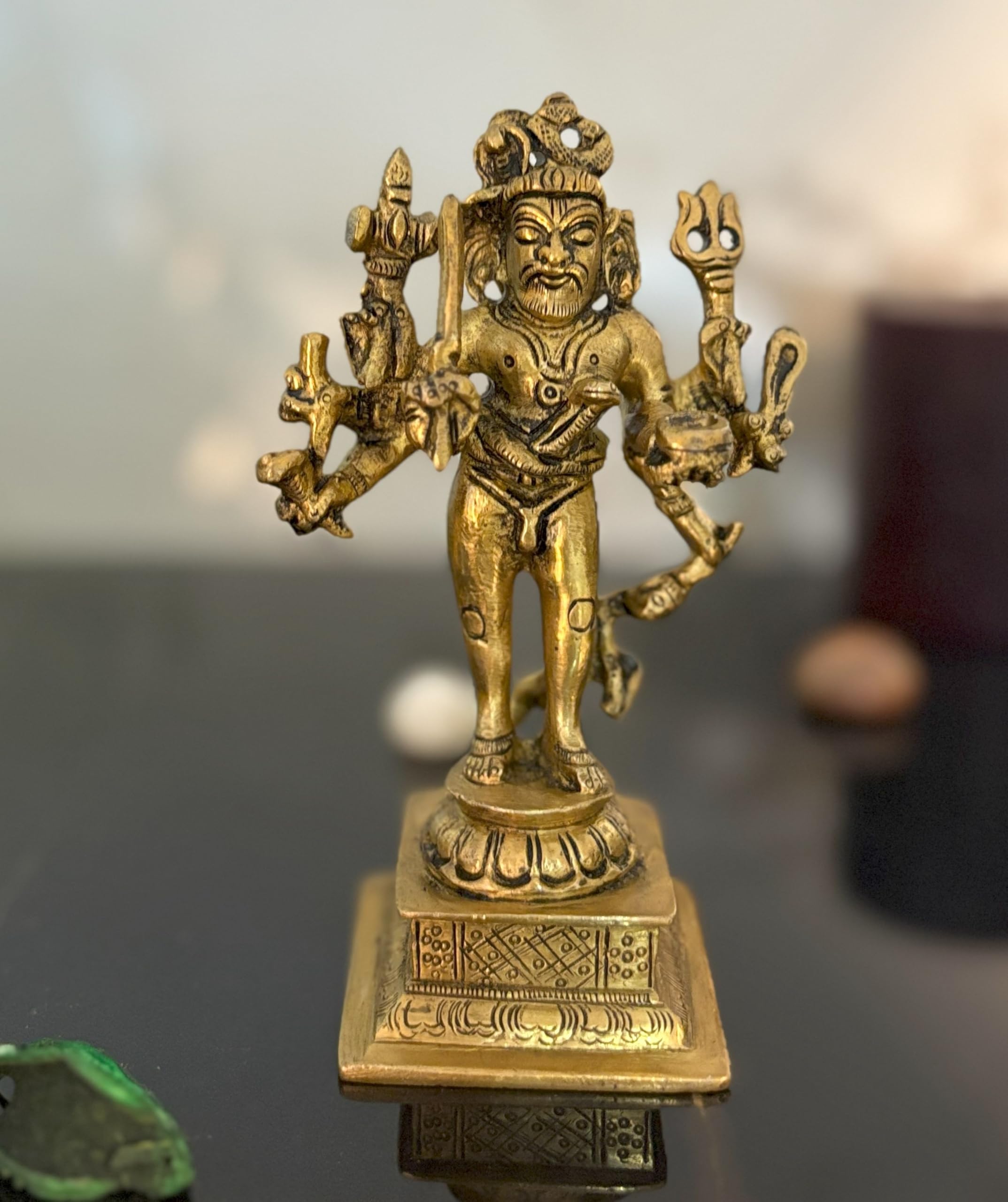SVARUP Brass Idol Kaal Bhairava Mahakala Bahirav Hindu Tantric Deity, Avatar of Siva Golden 5 Inch