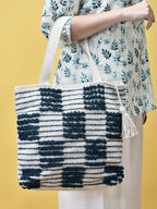 LoomEarth Handcrafted Cotton Tote Bag with Navy Blue Loop Pattern, White Tassel Accent, Beach Shopping Shoulder Bag