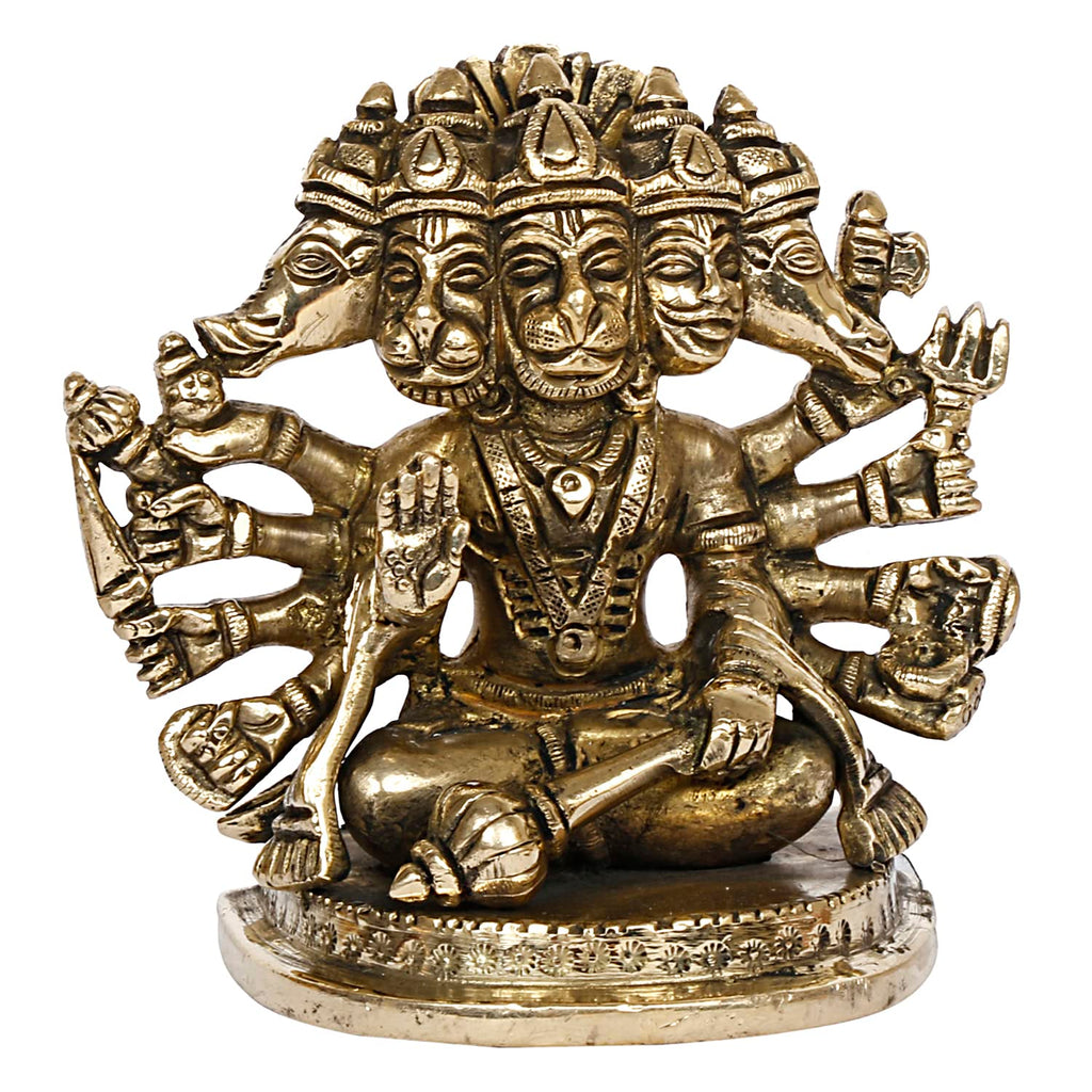 ARTVARKO Brass God Panchmukhi (Five Faced) Bajrangbali Sankat Mochan Hanuman Idol Statue Murti for Home Office Entrance Decor Temple Puja 4 Inch