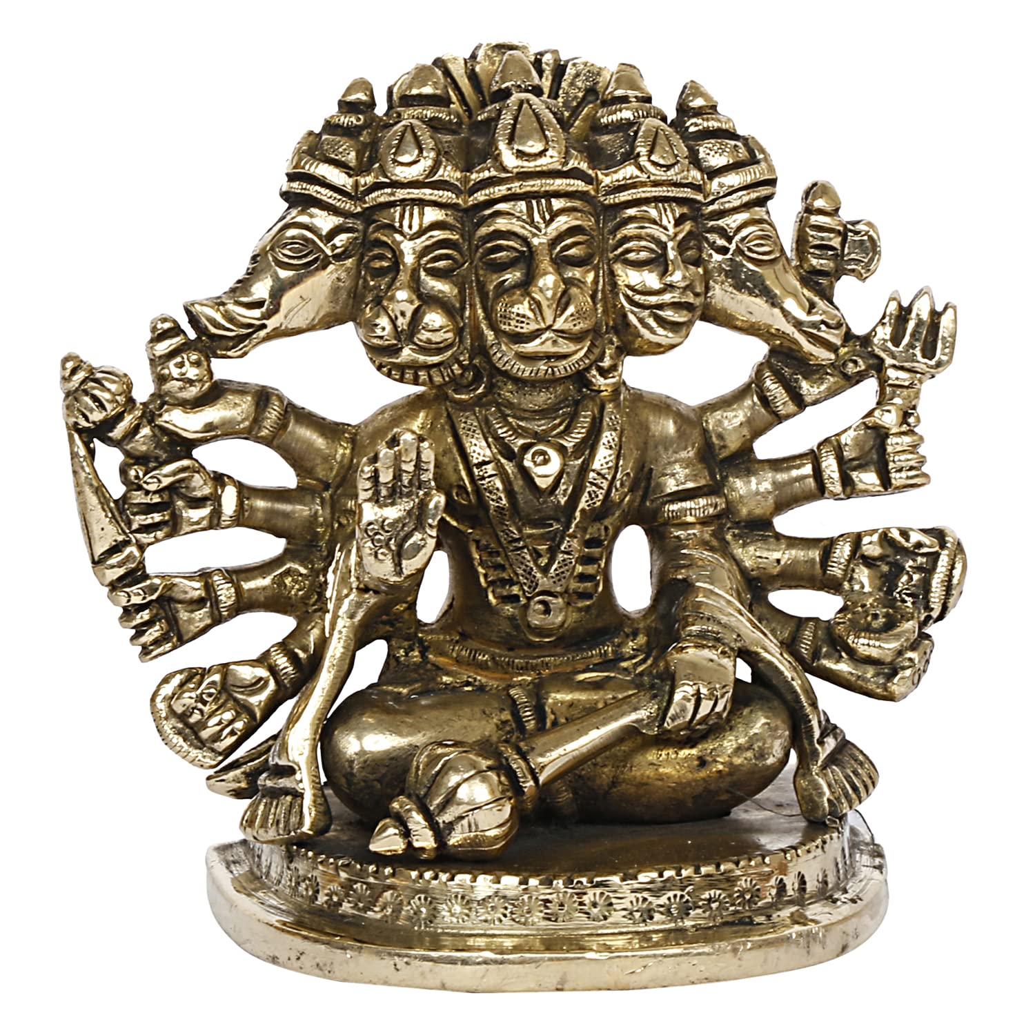 ARTVARKO Brass God Panchmukhi (Five Faced) Bajrangbali Sankat Mochan Hanuman Idol Statue Murti for Home Office Entrance Decor Temple Puja 4 Inch