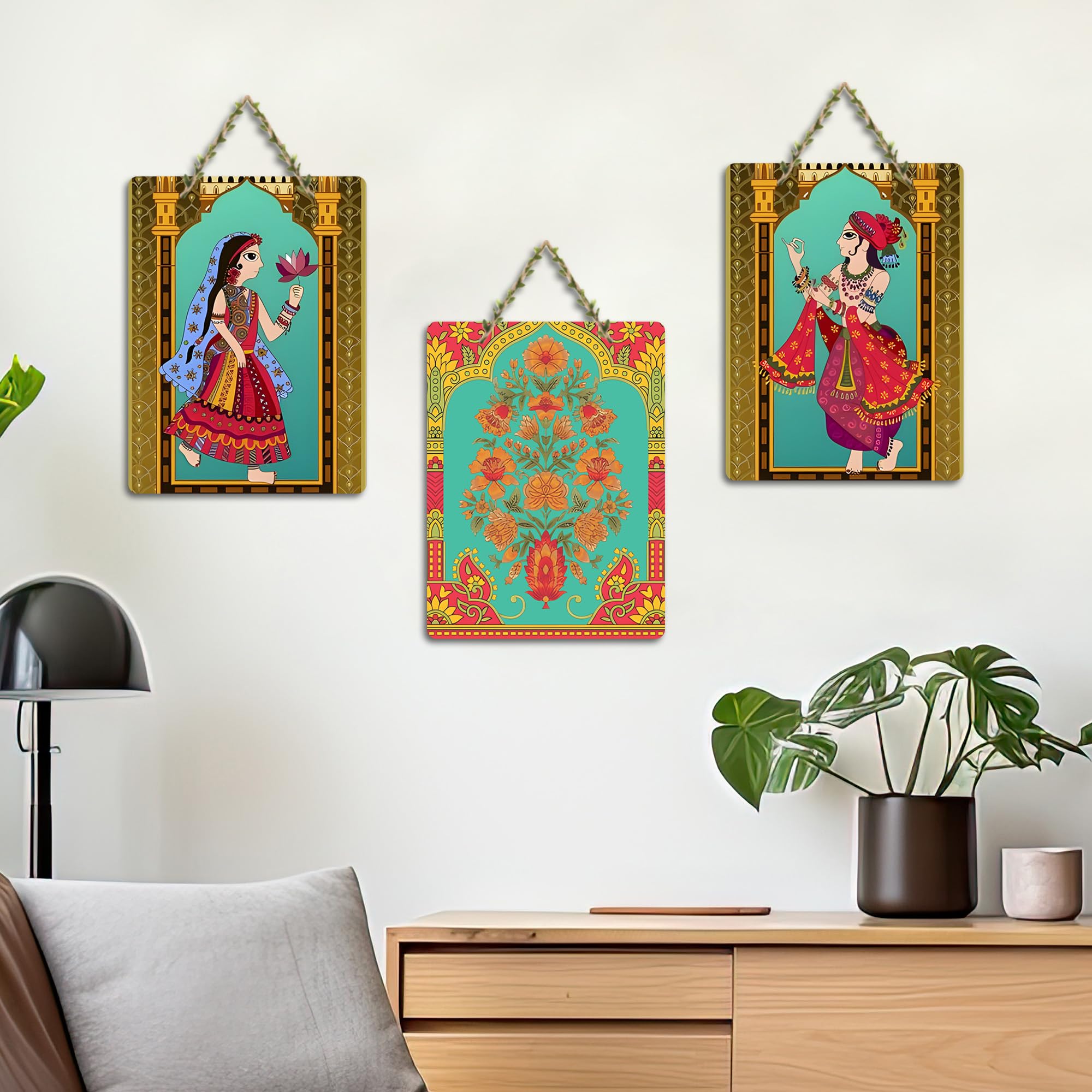 Artvibes Rajasthani Art Decorative Wall Art MDF Wooden Wall Hanger for Living Room | Art For Wall | Wall Sculpture | Signs & Plaques | Festive Decor | Wall Poster | Unique Gift (WH_9603N), Set of 3