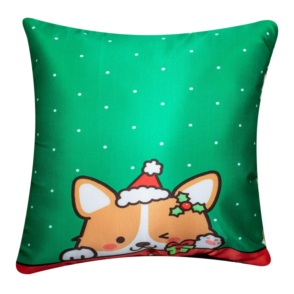 Vendola Decorative Merry Christmas Satin Cushion Cover 12 Inch x 12 Inch, Cushion Covers Set of 5, Sofa Pillow Cover Set for Home, Sofa & Living Room, Cute Animal Print, Green Red, Blue, 12X12 Inches