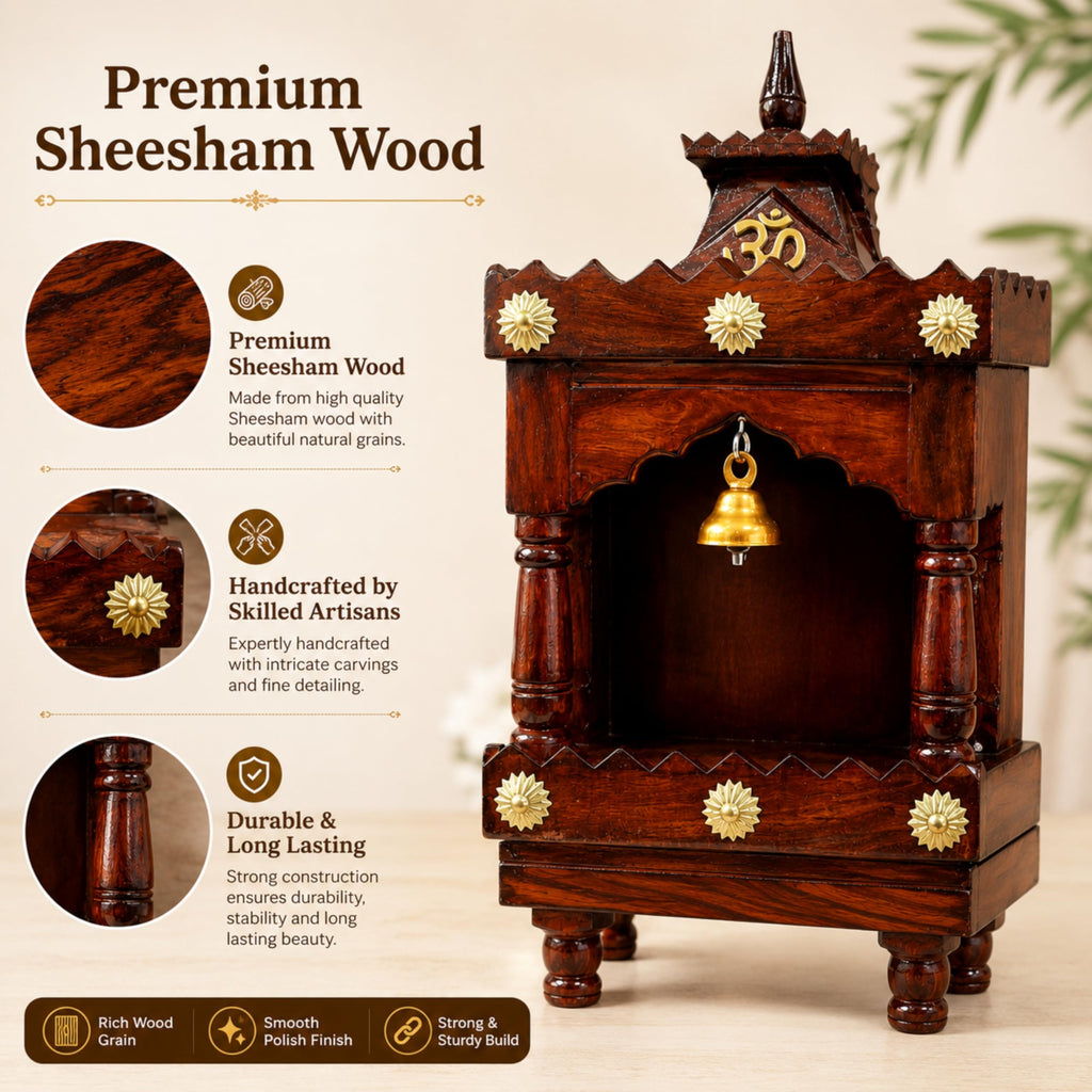 CraftVeda Premium MDF Wooden Pooja Mandir for Home & Office | Wall Mounted Devghar Temple with LED Spot Light | Space-Saving, Durable Pooja Unit (Brown Finish, 13x6x7 Inches)