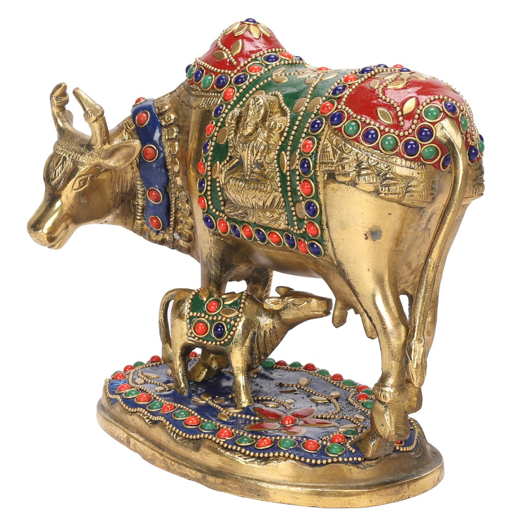 ARTVARKO Laxmi Ganesha Engraved Cow and Calf Statue Kamdhenu Gau MATA Brass Idol, Spiritual Vastu Nandi Pooja Decor, Gold Color 8 Inch