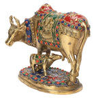 ARTVARKO Laxmi Ganesha Engraved Cow and Calf Statue Kamdhenu Gau MATA Brass Idol, Spiritual Vastu Nandi Pooja Decor, Gold Color 8 Inch