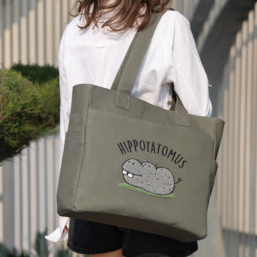 TSANTA U-Shaped Canvas Tote Bag with Pouch Combo (Large, Hippo Design) | Cotton Shoulder Bag with Zipper, Laptop Compartment & Organizer Pockets | Reusable Travel, Office & Everyday Bag for Women