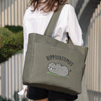 TSANTA U-Shaped Canvas Tote Bag with Pouch Combo (Large, Hippo Design) | Cotton Shoulder Bag with Zipper, Laptop Compartment & Organizer Pockets | Reusable Travel, Office & Everyday Bag for Women