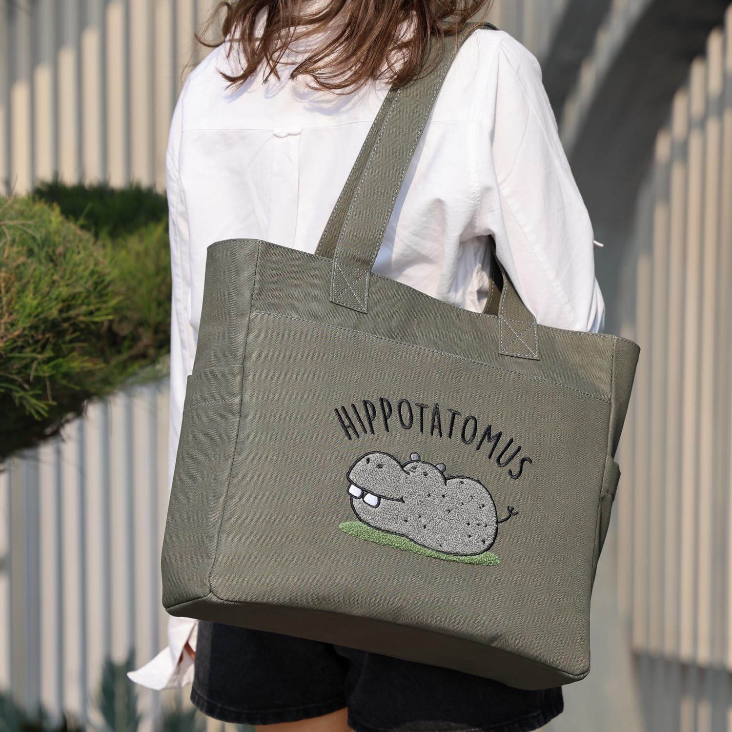 TSANTA U-Shaped Canvas Tote Bag with Pouch Combo (Large, Hippo Design) | Cotton Shoulder Bag with Zipper, Laptop Compartment & Organizer Pockets | Reusable Travel, Office & Everyday Bag for Women