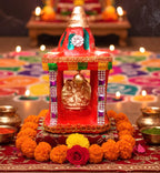 Cyan Collection Terracotta Clay Mitti Decorative Hatri Lakshmi Ganesh Square Shape Diwali Temple Mandir for Diwali Puja/Pooja, Home Decoration - Size H18 CM x W9 CM x L9 CM (Pack of 1) (18 CM)