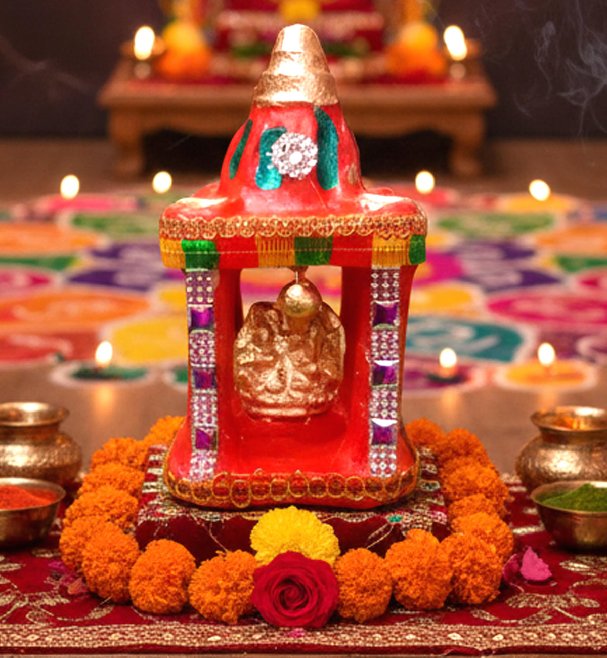 Cyan Collection Terracotta Clay Mitti Decorative Hatri Lakshmi Ganesh Square Shape Diwali Temple Mandir for Diwali Puja/Pooja, Home Decoration - Size H18 CM x W9 CM x L9 CM (Pack of 1) (18 CM)