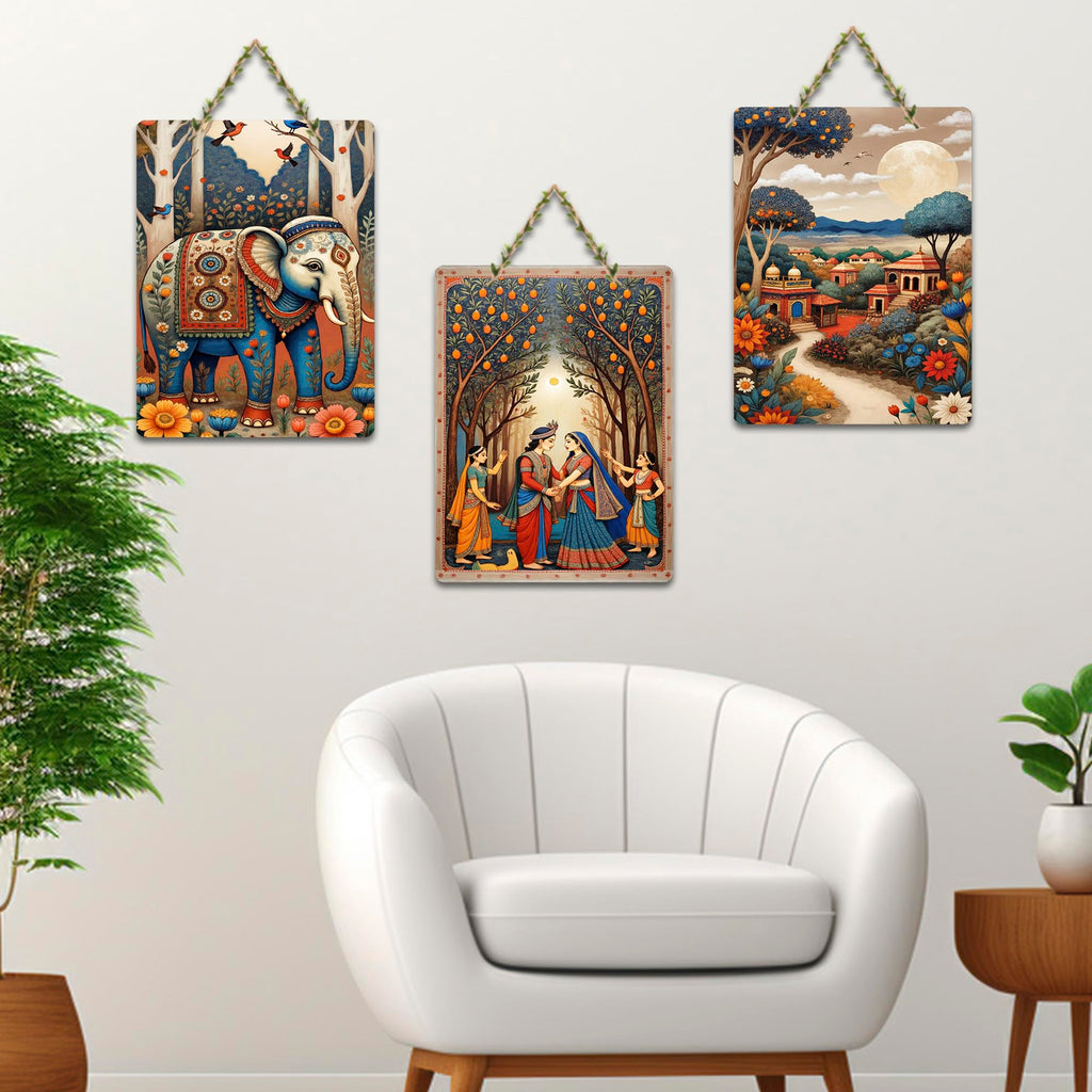 Artvibes Royal Elephant & Village Life Wooden Art Decoration Item for Home | Wall Sculpture | Signs & Plaques | Wall Accents | Graphic Artwork | Wall Poster | Ideal Gifts (WH_9651N), Set of 3