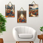 Artvibes Royal Elephant & Village Life Wooden Art Decoration Item for Home | Wall Sculpture | Signs & Plaques | Wall Accents | Graphic Artwork | Wall Poster | Ideal Gifts (WH_9651N), Set of 3