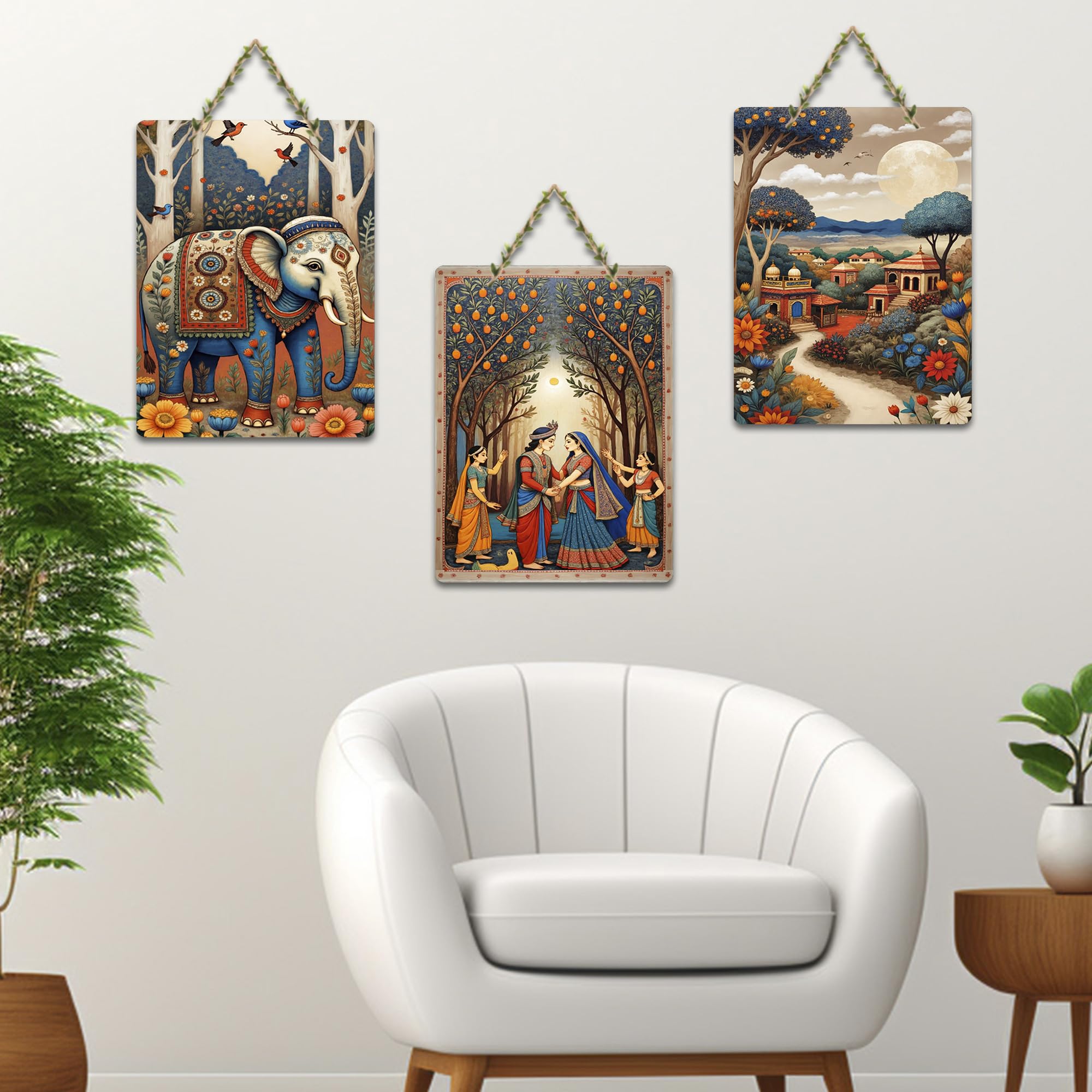 Artvibes Royal Elephant & Village Life Wooden Art Decoration Item for Home | Wall Sculpture | Signs & Plaques | Wall Accents | Graphic Artwork | Wall Poster | Ideal Gifts (WH_9651N), Set of 3