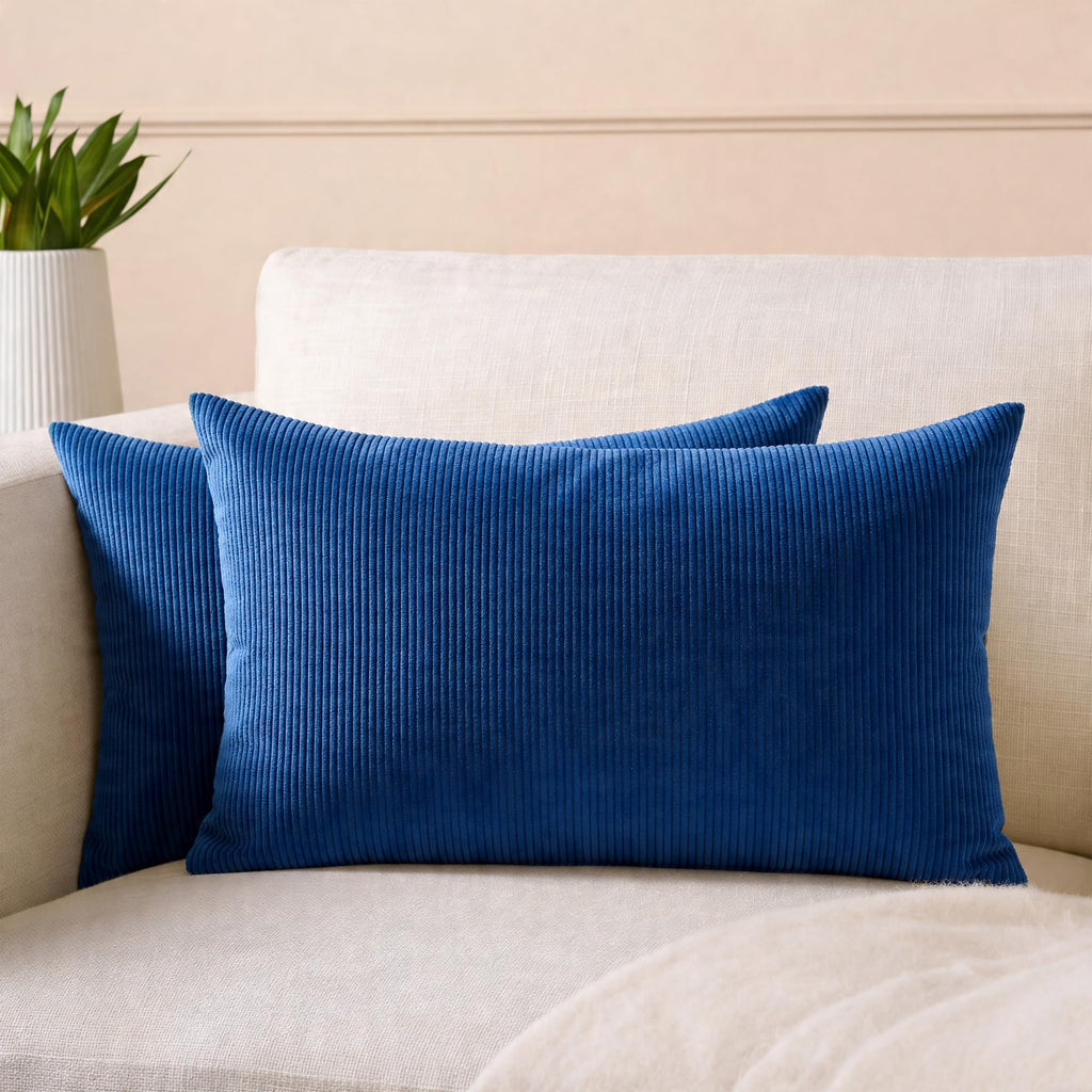Encasa XO Corduroy Cushion Covers, No Inserts, Set of 2, Navy Blue
