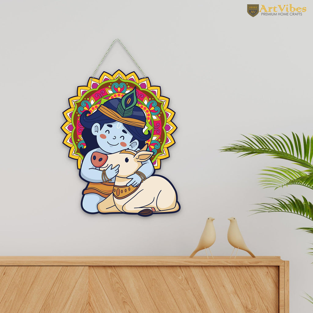 Artvibes Bal Krishna with Cow Wall And Door Hanging for Home Decoration | Religious Wall Art | Spiritual Decor Items | Wall Poster | Artwork| Stylish Modern Decor Item | Gift Items (WH_8604N)