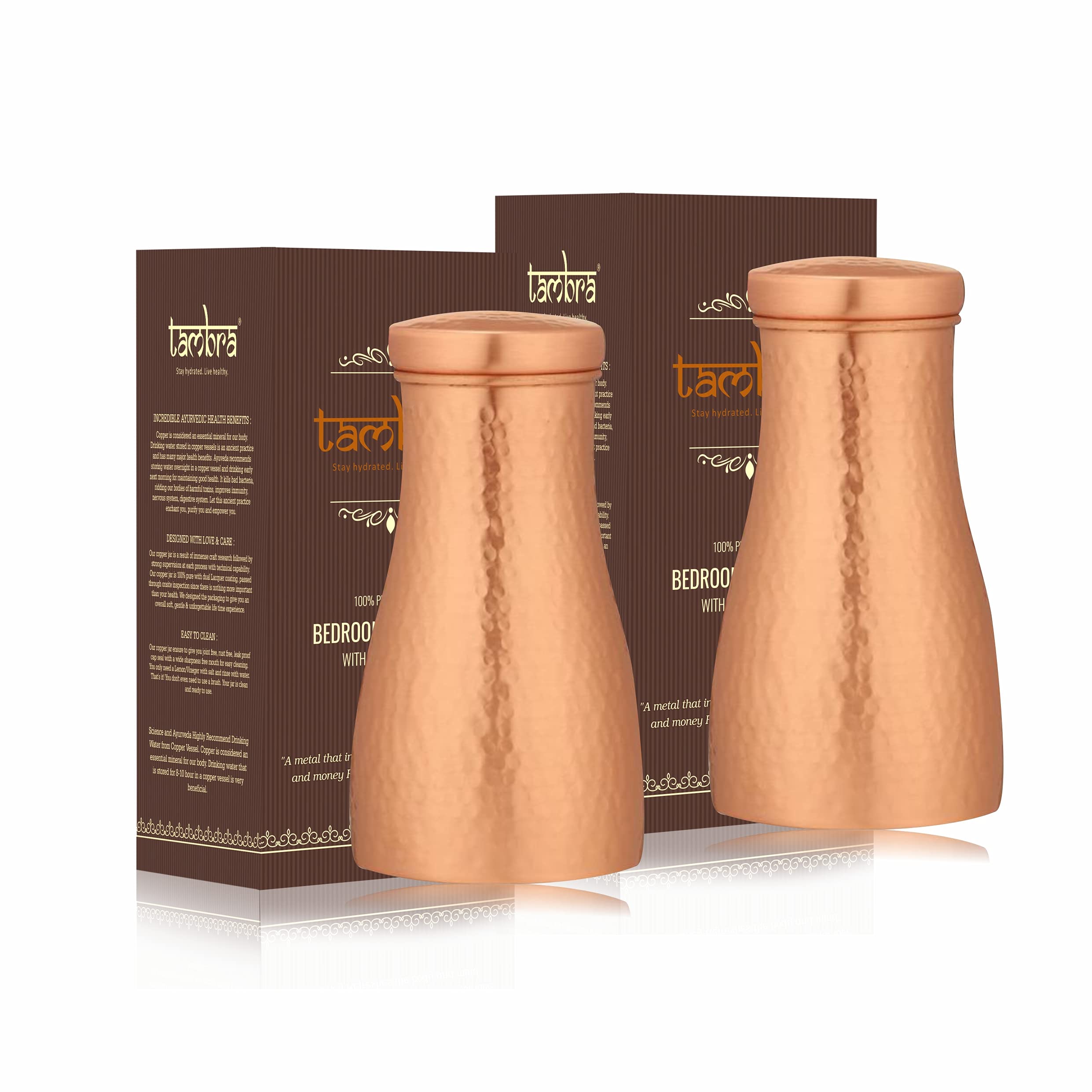 Tambra Copper Bedroom Jar with Inbuilt Glass | Hammered Design | Handcrafted, Leakproof, Jointless | Ayurvedic Benefits, Antioxidant Properties | 1200 ml (Pack of 2)