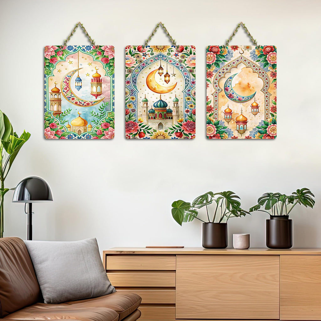 Artvibes Decorative Mosque Decorative Wall Hanging Wooden Art Decoration item for Living Room | Islamic Decoration | Wall Poster| Stylish Modern Decor Item | Gift Items (WH_96189N), Set of 3