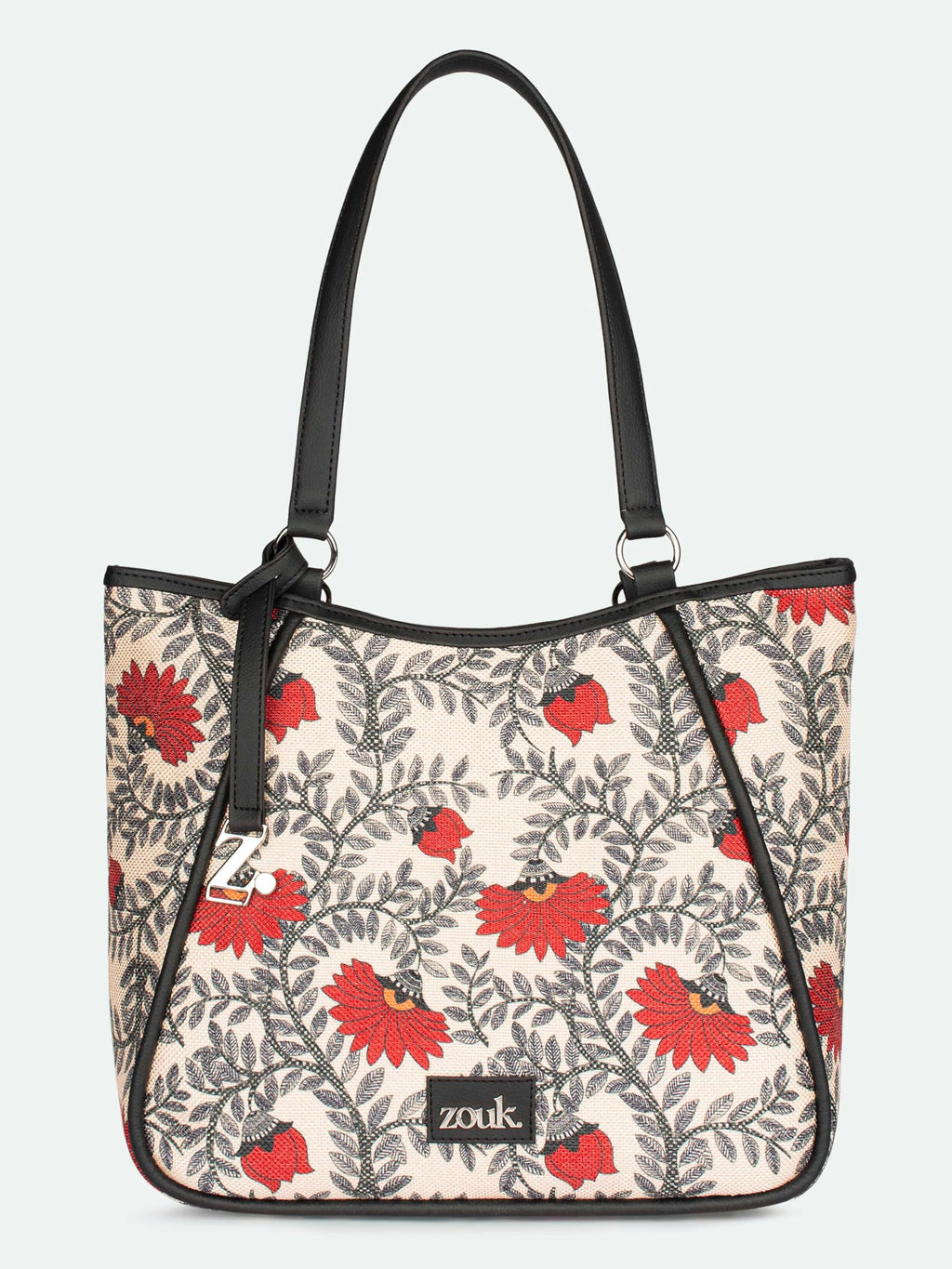 ZOUK Naisha Red & Beige Floral Tote Bag for Women | Vegan Leather Large Shoulder Handbag with Bottle Holder, Multiple Pockets & Water-Resistant Lining | Office, Travel & Daily Use | Nawabi Couture