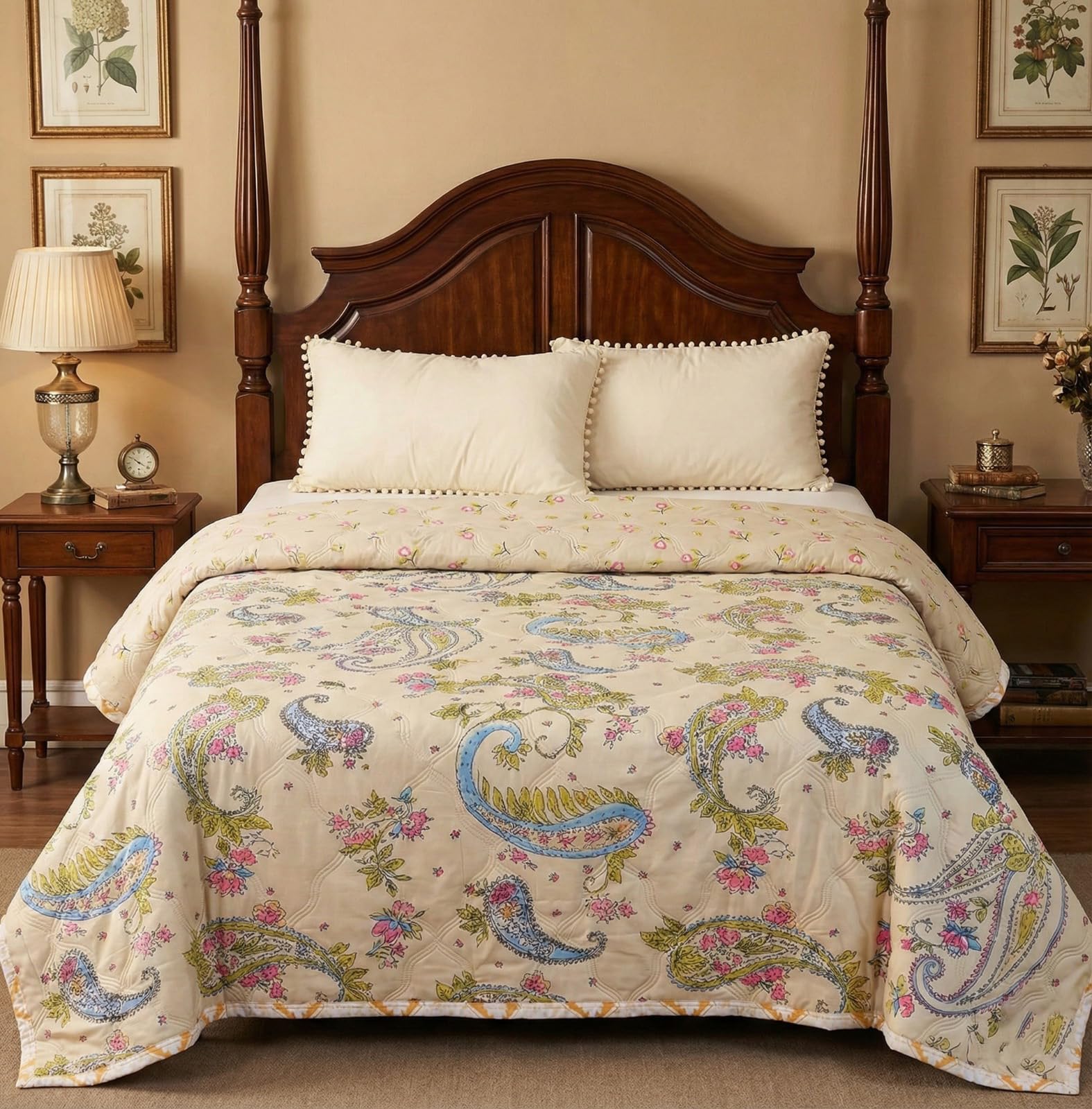Premium Cotton Printed Dohar/AC Blanket for Single Bed/Double Bed Size|Ultrasoft & Lightweight Floral Comforter | Reversible All-Season Dohar Blanket (Cream, Double) Kafalo