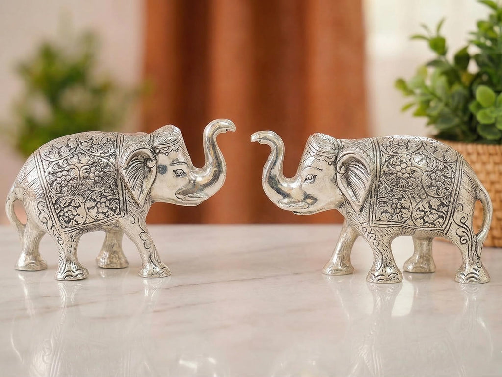 KridayKraft Elephant showpiece Figurine Small Size Statue Silver Polish 2 pcs Set for Enhance Your Home,Office Table Decorative & Gift Article,Animal Showpiece Figurines...