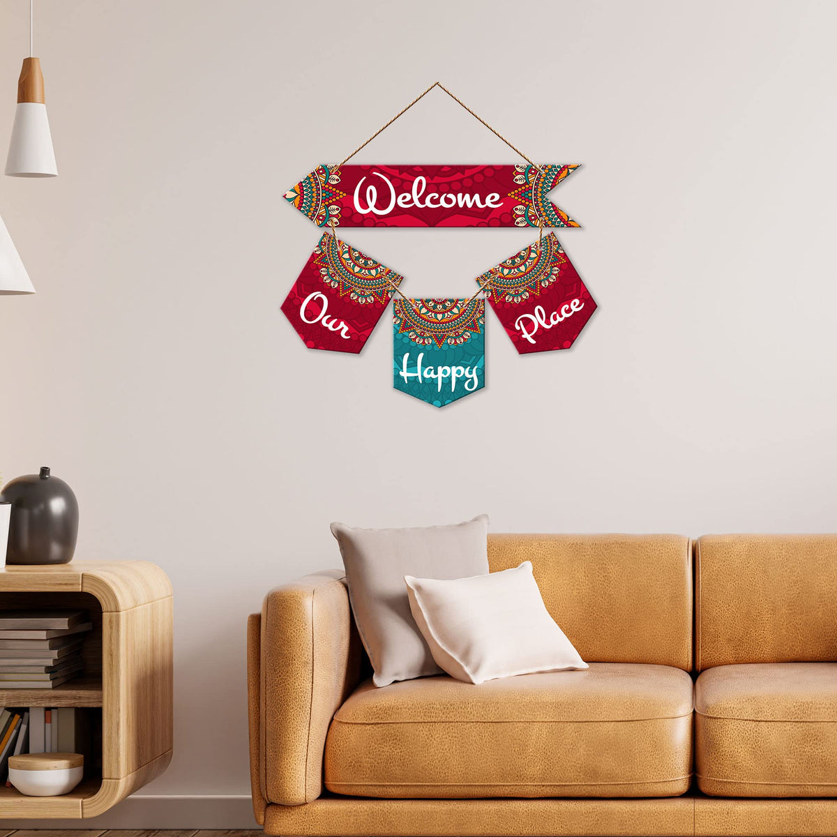 Artvibes Welcome Our Happy Place Wooden Wall Hanger for Gateway | Quotes Decor Item | Door Quotes Hanging | Wall Poster | Modern Decor Items | Gift Items for Home Decor | Wall Accent (WH_6420N)
