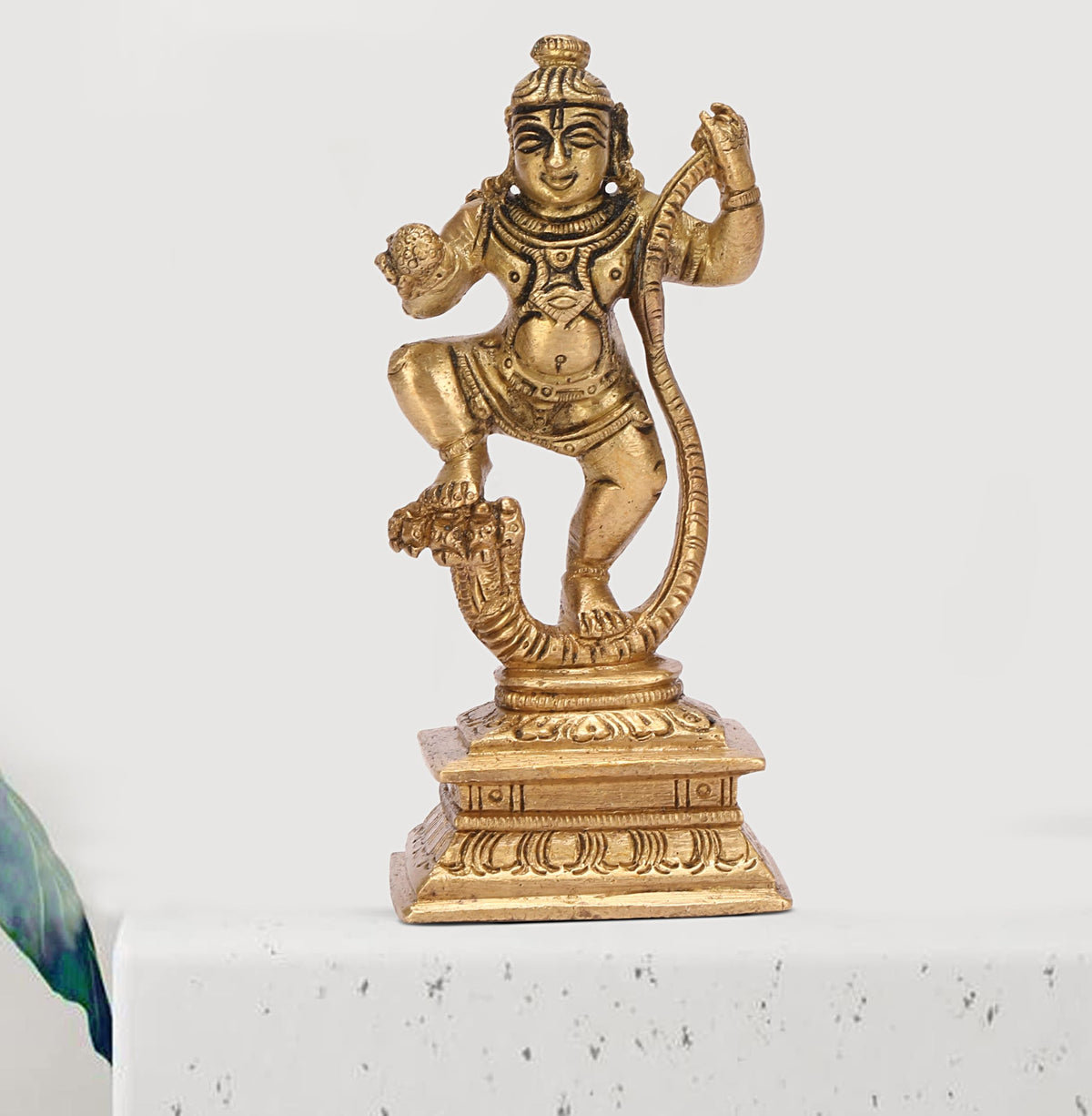 ARTVARKO Brass Krishna on Kaliya Naag Murti Puja Decor Gift (Gold Color Small 5x4x11cm)