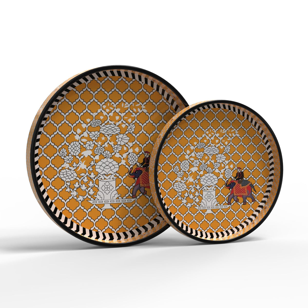 VDIX Handcrafted Wooden Serving Tray Set of 2 | Fancy Round Decorative Trays with Floral & Bird Design | Premium Serving Trays for Coffee, Snacks & Home Décor | Kitchen & Dining Gift