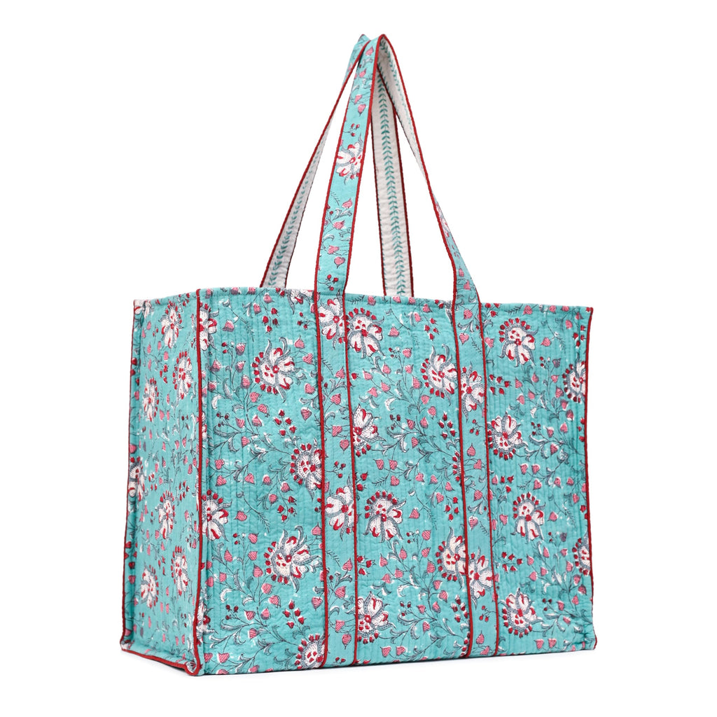 BLOCK N STYLE Cotton Printed Tote Bag, Hand Bag | Quilted Hand Printed Women's Carry Bag, Shopping Tote Bags | Ecofriendly Cotton Tote Bags, Comfortable and Trendy Design (Turquoise)