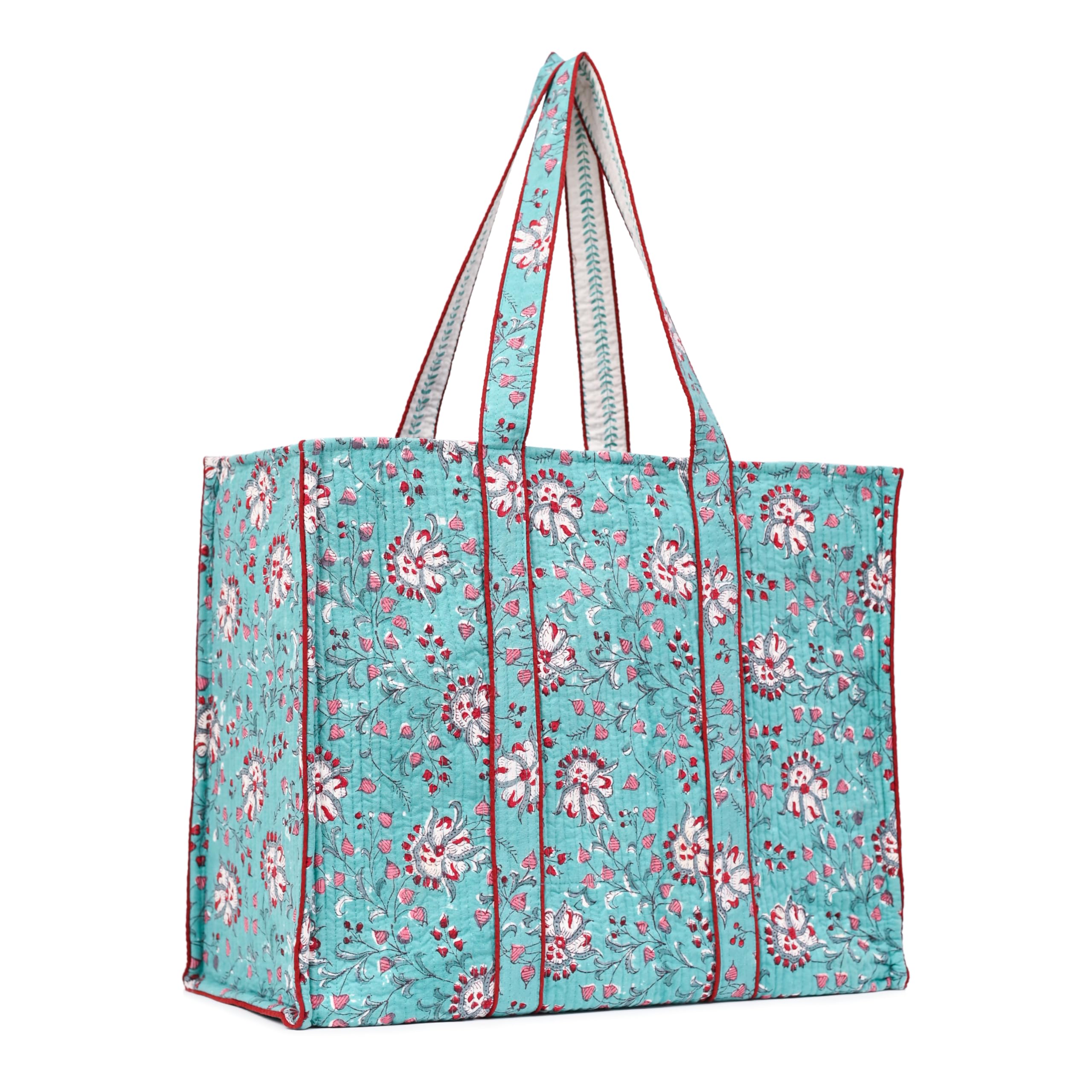 BLOCK N STYLE Cotton Printed Tote Bag, Hand Bag | Quilted Hand Printed Women's Carry Bag, Shopping Tote Bags | Ecofriendly Cotton Tote Bags, Comfortable and Trendy Design (Turquoise)
