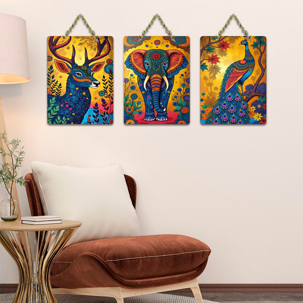 Artvibes Sacred Elephant Jungle Wooden Art Decoration Item for Home | Wall Sculpture | Signs & Plaques | Modern Decor Artwork | Wall Poster | Handcrafted Art | Ideal Gifts (WH_9666N), Set of 3