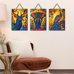 Artvibes Sacred Elephant Jungle Wooden Art Decoration Item for Home | Wall Sculpture | Signs & Plaques | Modern Decor Artwork | Wall Poster | Handcrafted Art | Ideal Gifts (WH_9666N), Set of 3
