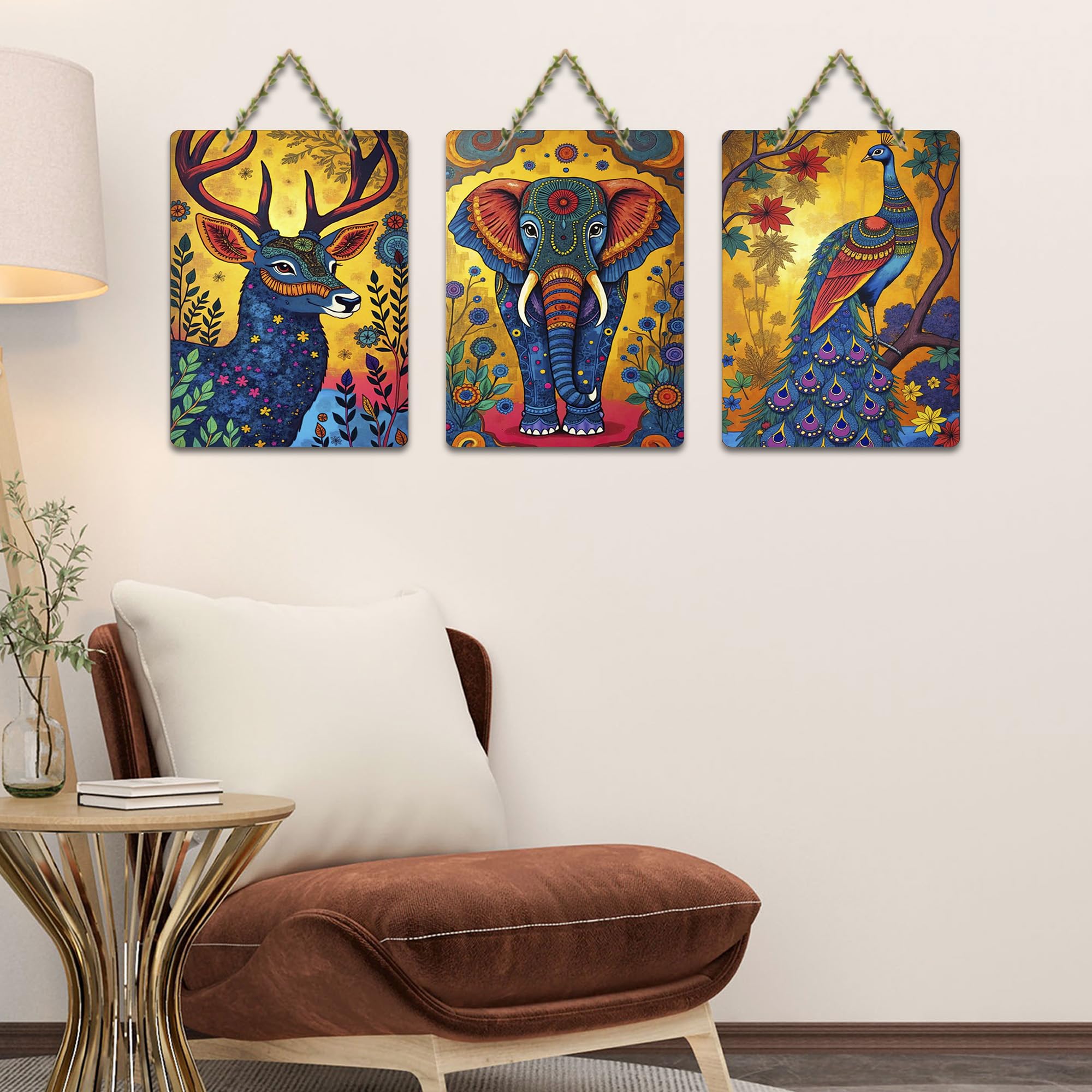 Artvibes Sacred Elephant Jungle Wooden Art Decoration Item for Home | Wall Sculpture | Signs & Plaques | Modern Decor Artwork | Wall Poster | Handcrafted Art | Ideal Gifts (WH_9666N), Set of 3