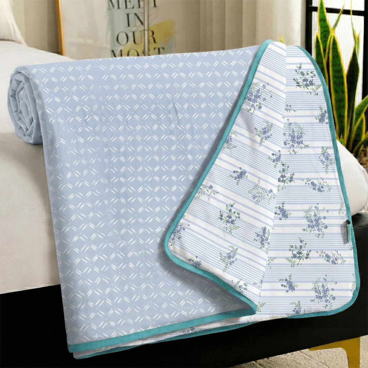 Story@Home Dohar Single Bed 100% Cotton AC Blanket for Summer|144x220CM, 150GSM Ac Comforter and AC Blanket for Summer | White & Light Blue Floral Pattern Reversible Duvet Quilt All-Season Blanket Kafalo