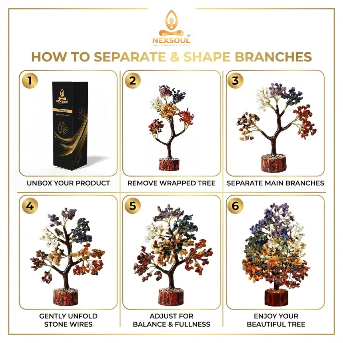 NEXSOUL 7 Chakra Crystal Tree (300 Beads) – Amethyst, Lapis, Citrine & Natural Gemstones on Golden Wire Bonsai – Vastu & Feng Shui Money Tree for Living Room & Office – Certified Spiritual Gift