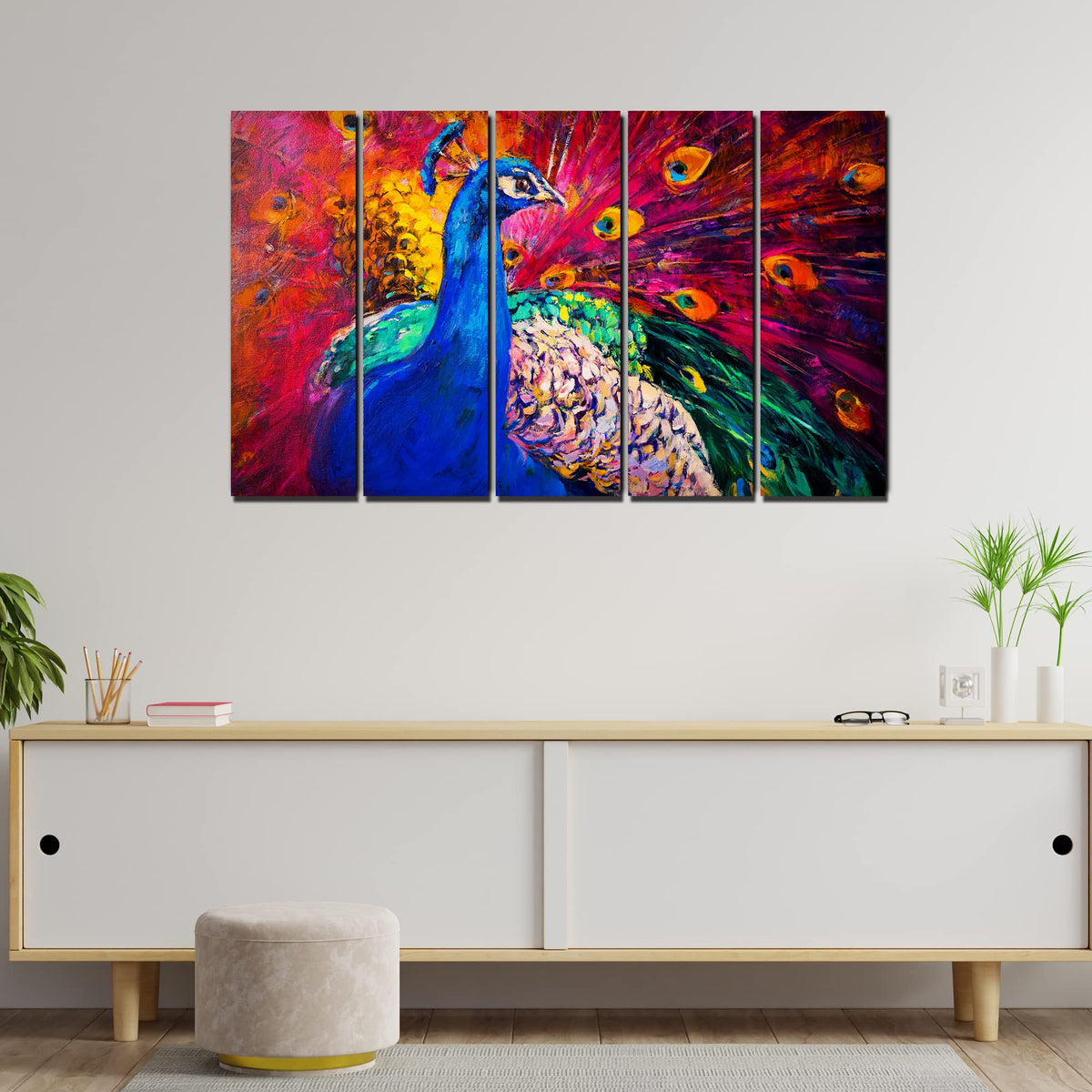 VIBECRAFTS Beautiful Peacock 5 Pieces Canvas Wall Painting For Home | Office | Living Room | Gift (PTVC5Pcs4_8517)
