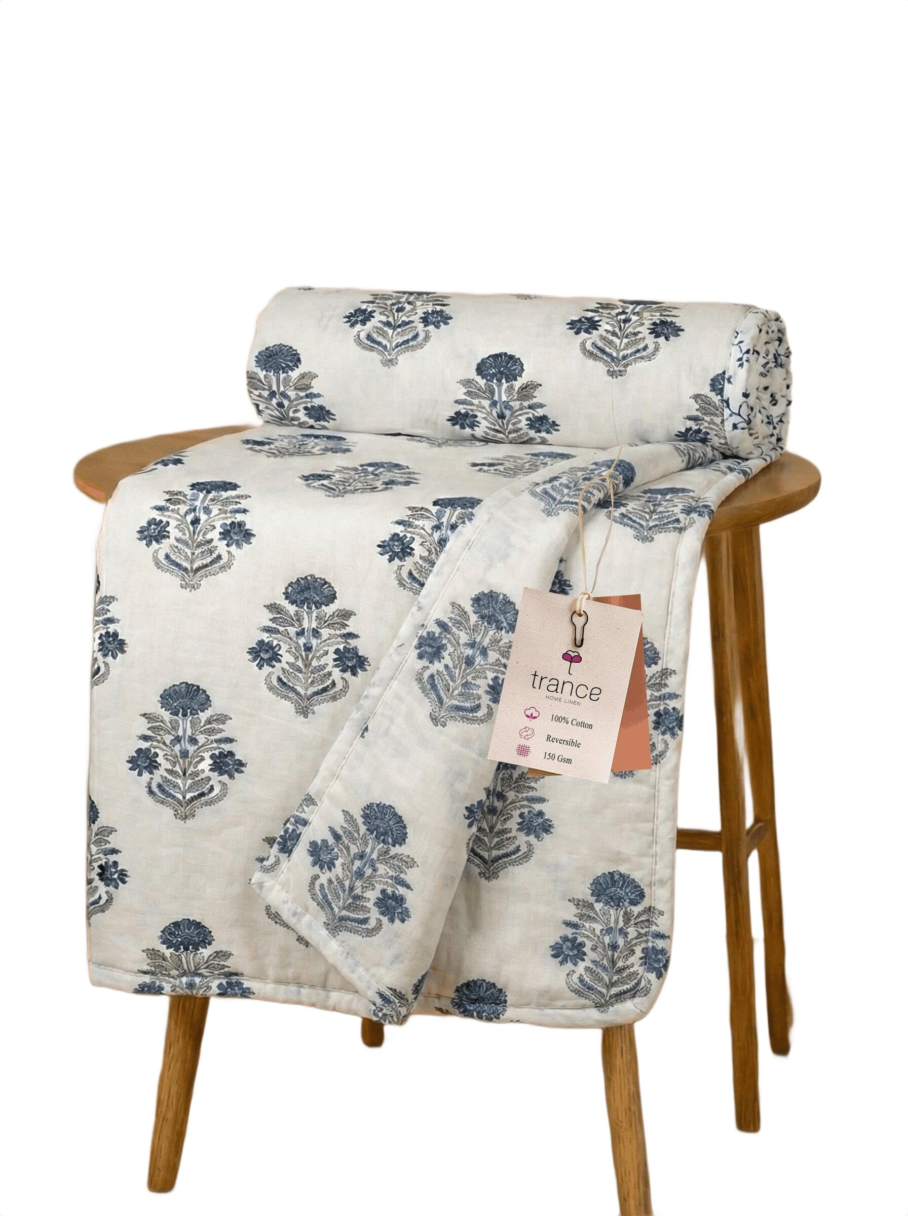 Trance Home Linen Premium 100% Cotton Dohar for Double Bed | 150 GSM | Reversible Ac Comforter | Light Weight All Season Soft Blanket (84x88 Inches | Aangan Blue White) Kafalo
