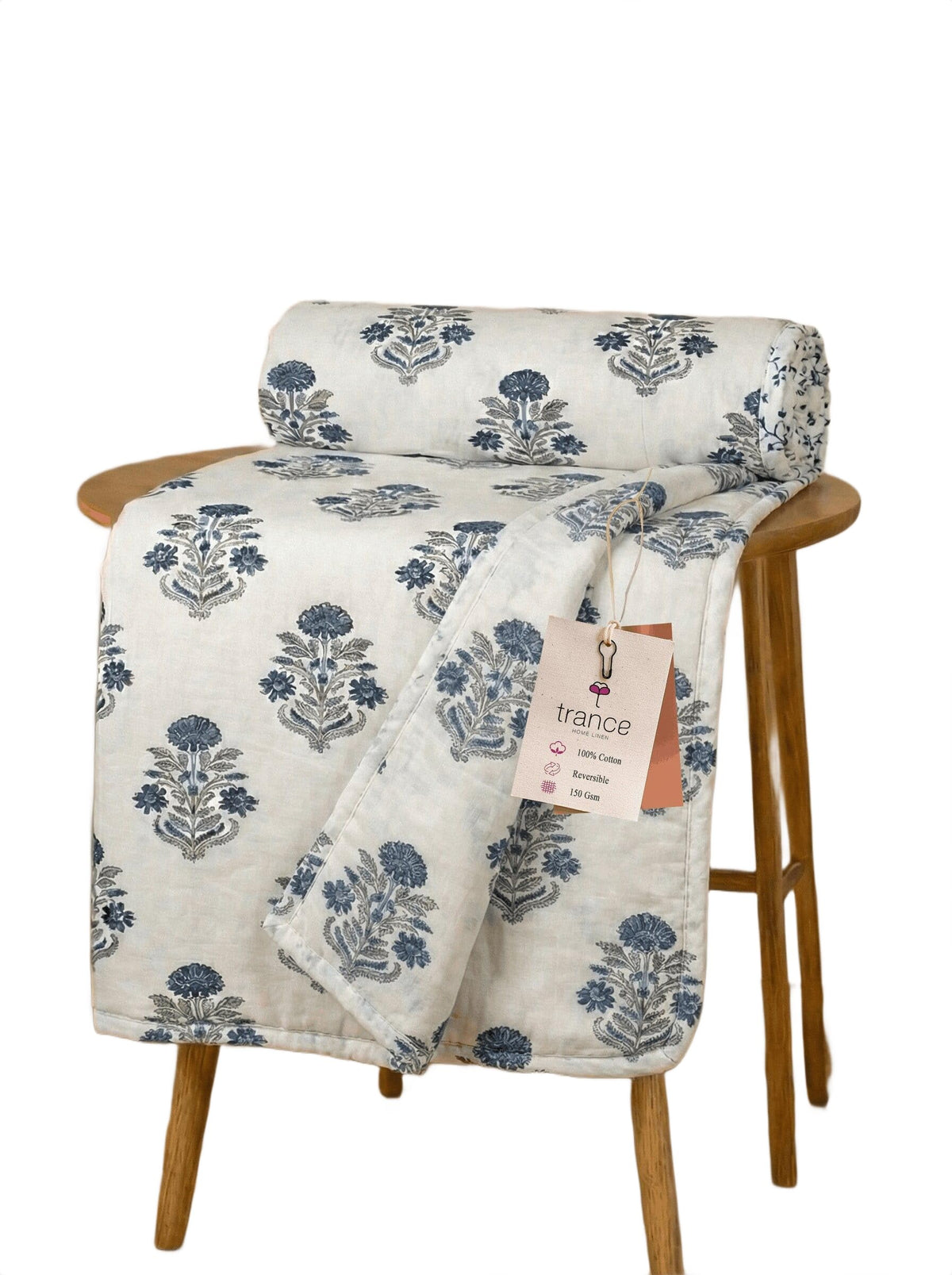 Trance Home Linen Premium 100% Cotton Dohar for Single Bed | 150 GSM | Reversible Ac Comforter | Light Weight All Season Soft Blanket (58x90 Inches | Aangan Blue White) Kafalo