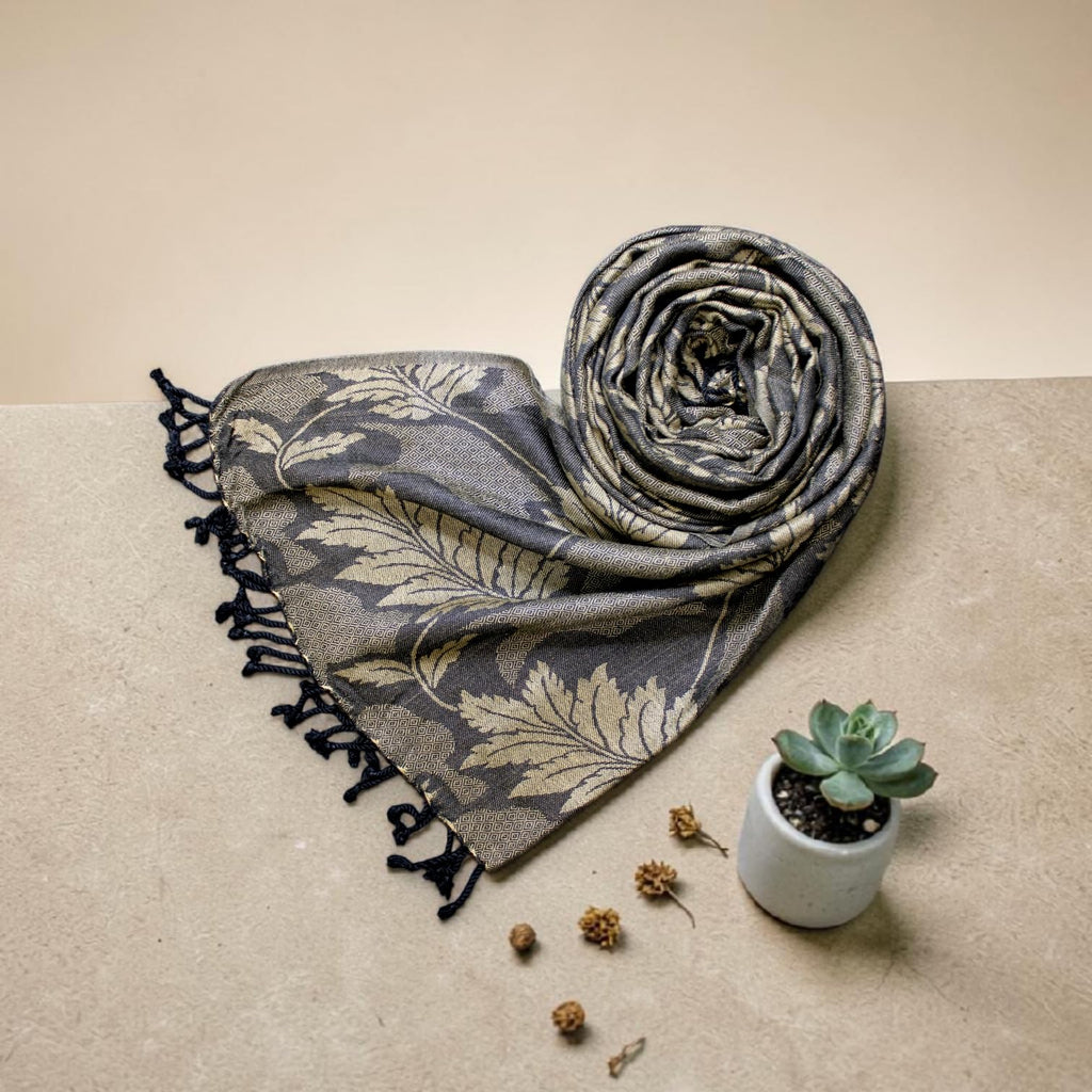STOLE STUDIO Embellished Leaf Luxurious Viscose Stole Scarf (Black/Beige)