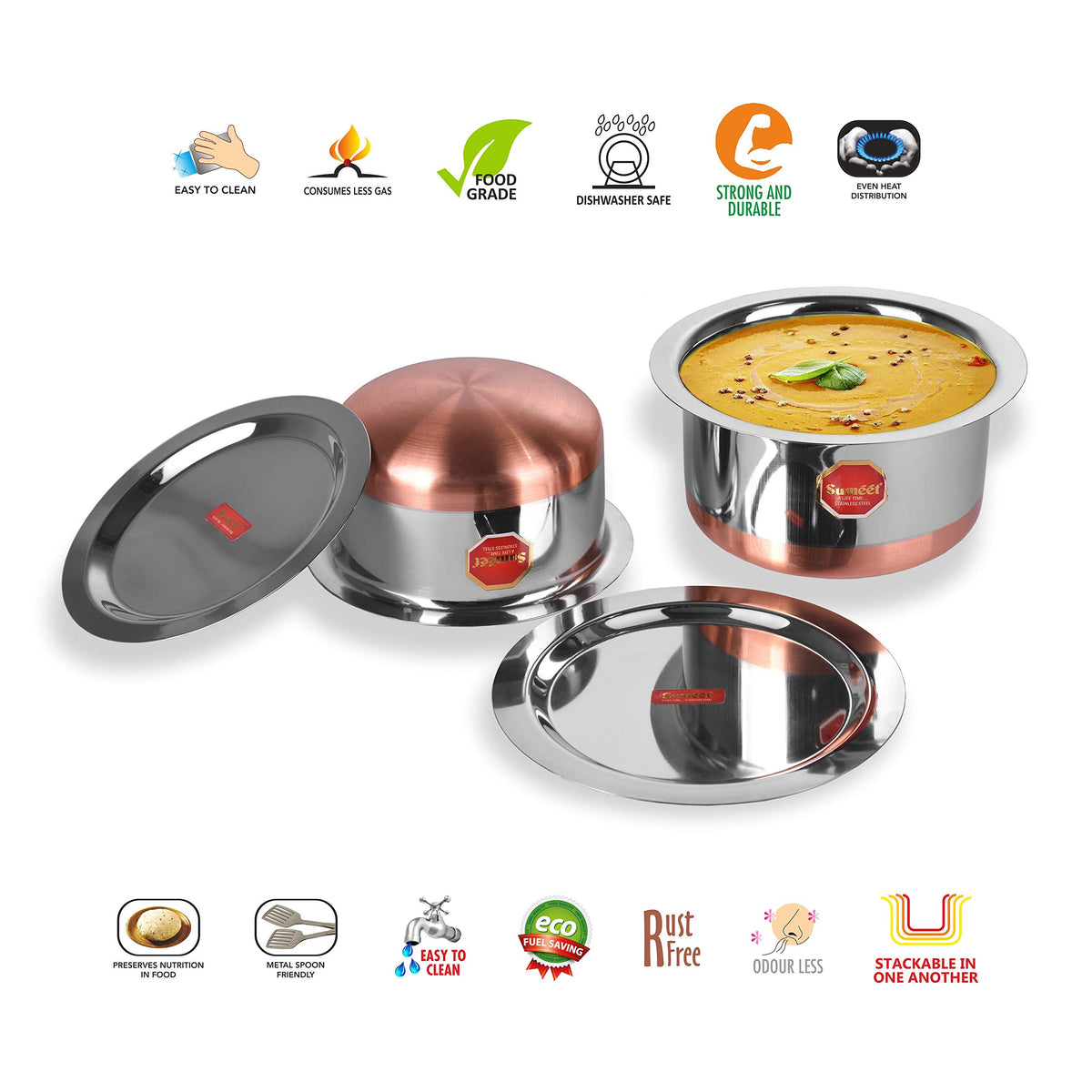 Sumeet Stainless Steel Copper Bottom Cookware/Container/Tope Set of 2 Pcs With Lids (No. 10-1 Ltr, No. 11-1.4 Ltr), 400 Ml,530 Ml,800 Ml