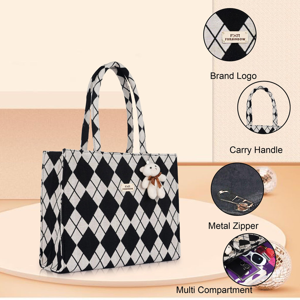 FXR FXRAINBOW Women's Tote Bags - Stylish Handbags for Office, College & Party Use | Spacious & Trendy Shoulder Bag for Work (BLACK BEIGE)