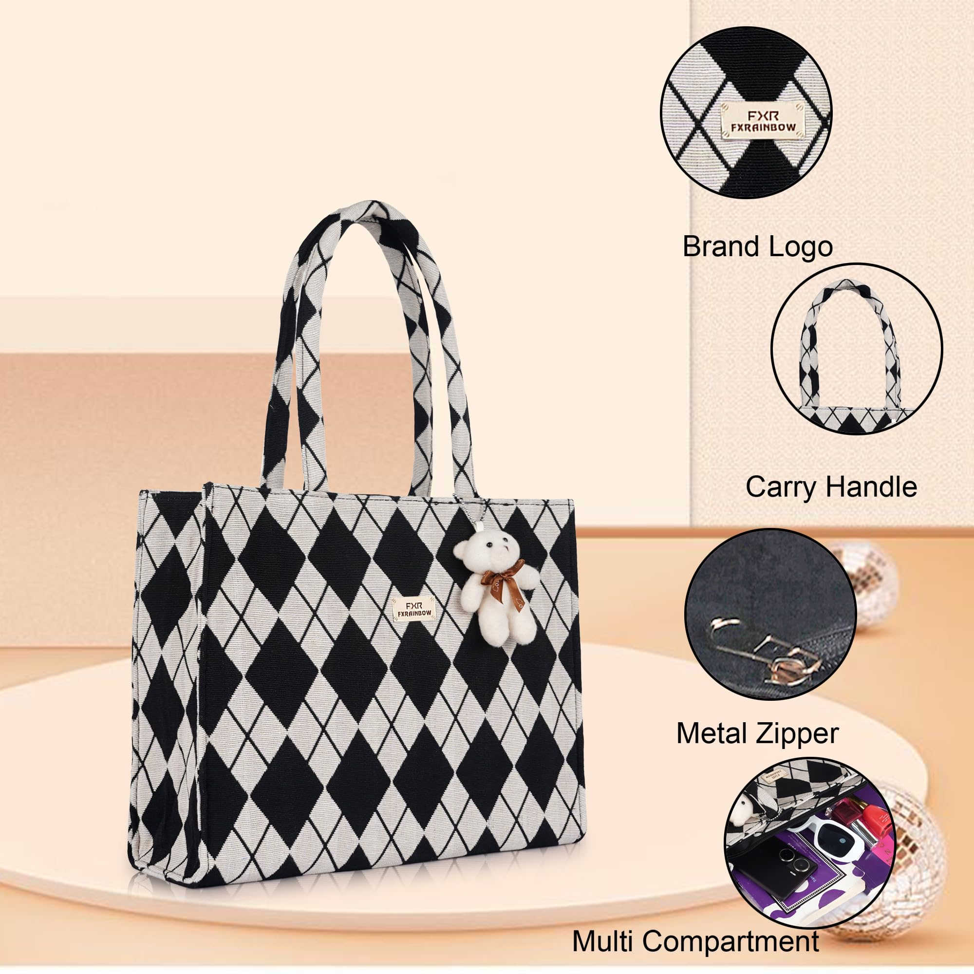 FXR FXRAINBOW Women's Tote Bags - Stylish Handbags for Office, College & Party Use | Spacious & Trendy Shoulder Bag for Work (BLACK BEIGE)