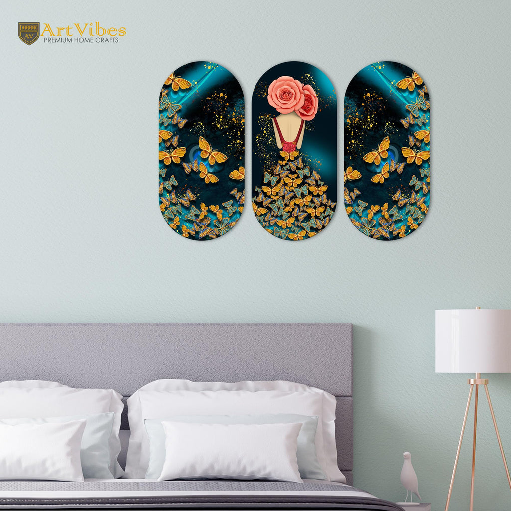 Artvibes Beautiful and Creative Art Decorative Wall Art MDF Wooden Wall Hanger for Home | Handcrafted Art | Festive Decor | Wall Art Print | Paintings For Wall | Unique Gift (WH_9005N), Set of 3