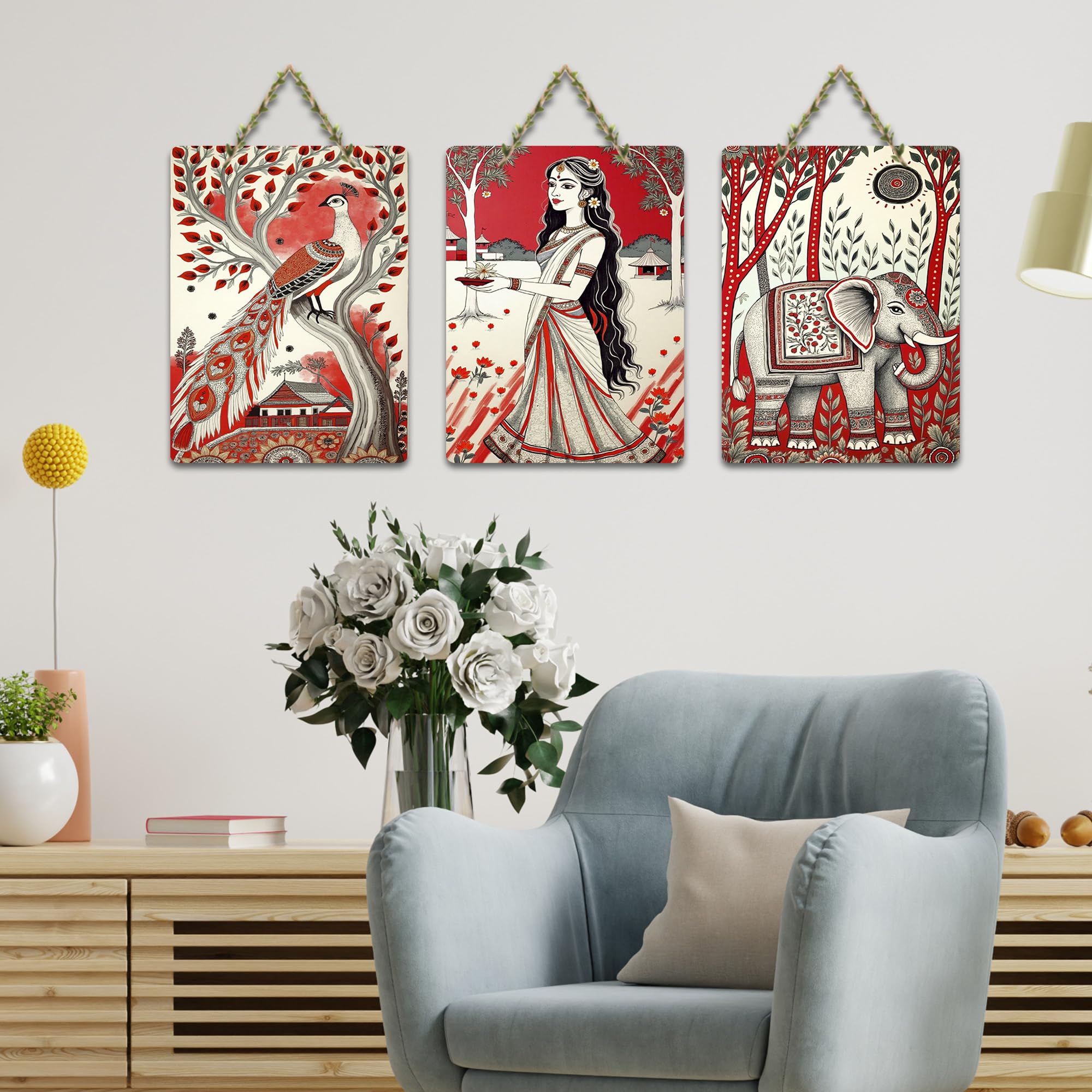 Artvibes Traditional Indian Nature Wall Decor Decorative Wall Art MDF Wooden Wall Hanger for Living Room | Home Decor | Wall Accent | Aesthetic Wooden Decor | Ideal Gifts (WH_96107N), Set of 3