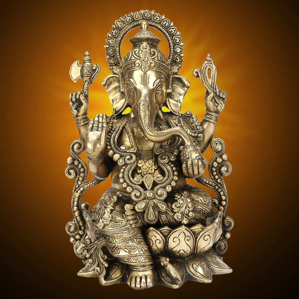 ARTVARKO Brass Jewellery Mangalkari Ganesha Sitting On Lotus Bhagwan Idol Ganesha Statue Ganpati Murti for Home Entrance Decor Diwali Gift