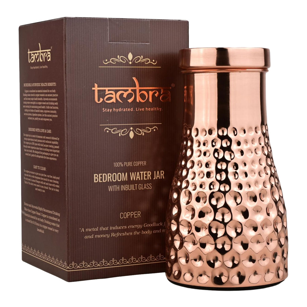 Tambra Copper Bedroom Jar with Inbuilt Glass | Polish Mix Dotted Design | Handcrafted, Leakproof, Jointless | Ayurvedic Benefits, Antioxidant Properties | 1200 ml (Pack of 1)